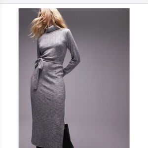 Topshop Brushed Rib Roll Neck Midi Dress in Grey.